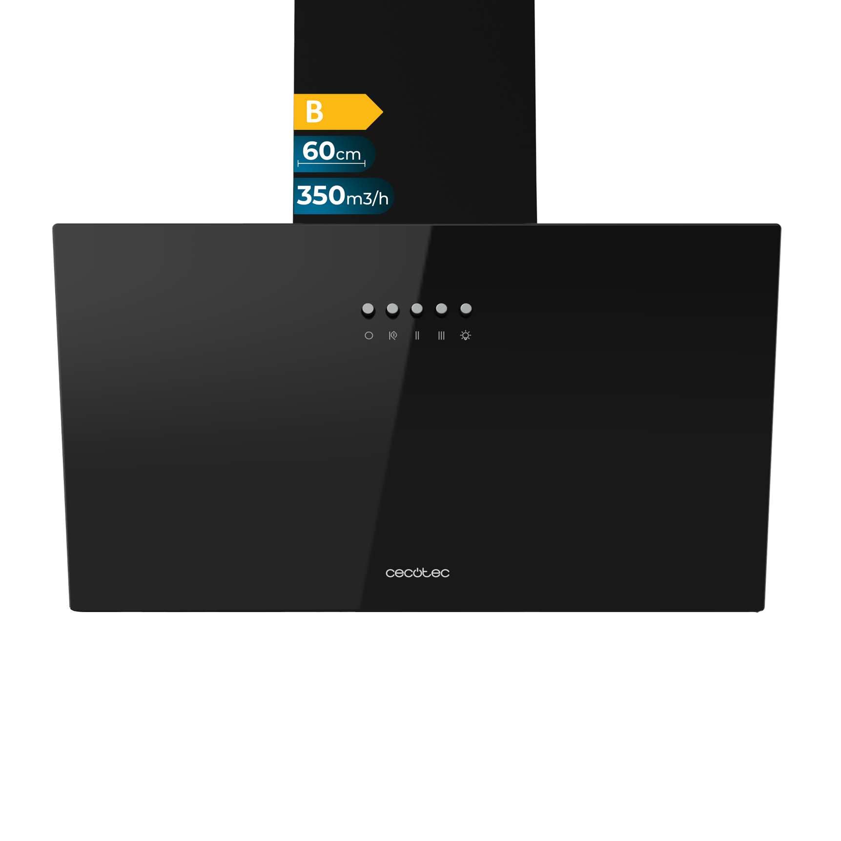 Cecotec Campana Decorativa 60cm Bolero Flux DM 603500 Glass Black B. Motor 65W, Bajo Consumo, Frontal Vidrio Negro, Succión 350m3/h, Control Mecánico, 3 Niveles Potencia, Luz y Filtro de Carbono
