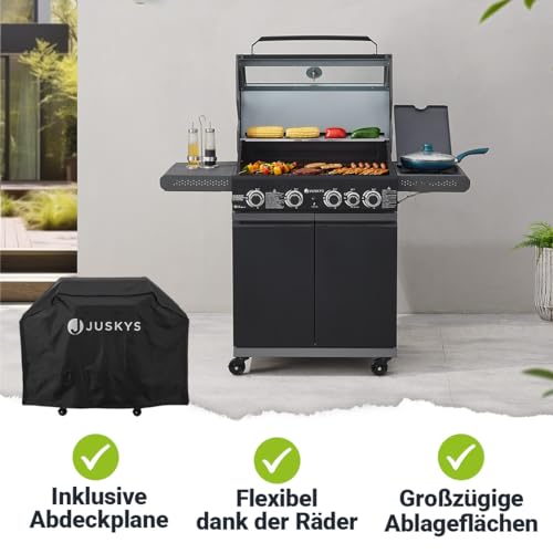 Savannah BBQ Gas Barbecue - 4 Burners and 1 Side Burner - XXL Steel Gas Grill with Cast Iron Cooking Grate, Hob, Base Cabinet for Gas Bottle