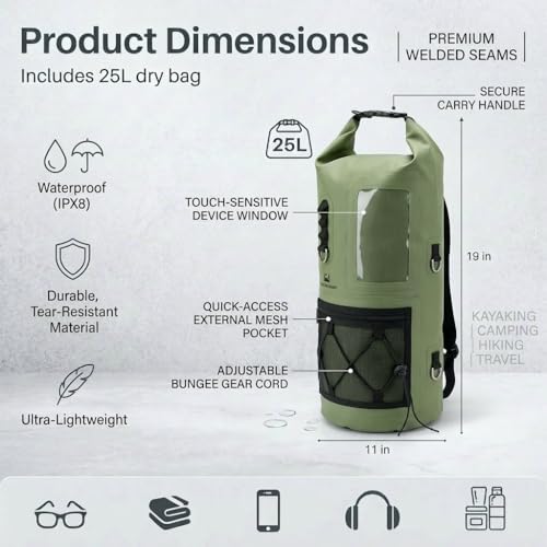 Image of Waterproof Dry Bag 500D PVC Roll Top Dry Sack with 3 Carrying Ways, Lightweight Waterproof Bag for Kayaking, Swimming, Boating, Paddle Boarding, Hiking, Beach (Army Green, 25L)