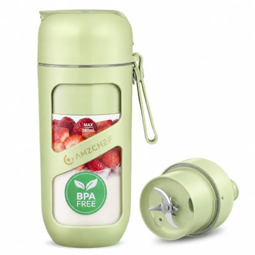 AMZCHEF Batidora portátil de 380 ml al vacío | Tecnología de vacío de 55 kPa, sistema de 10 cuchillas de 18000 rpm, inalámbrico y recargable, tipo C, sin BPA