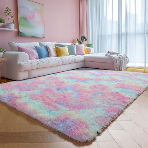 Rainbow Fluffy Kids Rugs for Girls Bedroom, Unicorn Room Decor Aesthetic, 6x9 Colorful Pastel Shag Area Rugs for Playroom Nursery Classroom, Cute Fuzzy Kawaii Princess Carpet for Baby Toddler Teen