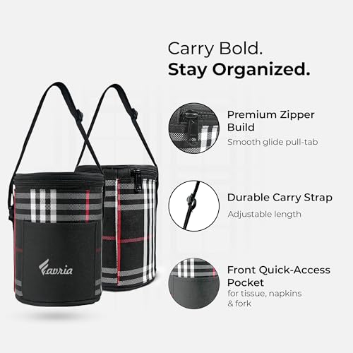 Image of Favria Insulated Lunch Bag for Office Use Men Women | Tiffin Lunch Box Carry Bag for School & College | Holds 3 Containers |Water Resistant Lunch Bag with Front Pocket & Strap (Round Black Lunch Bag)