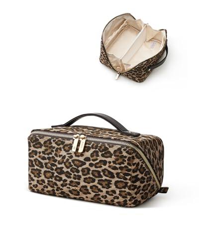 Image of EACHY Travel Makeup Bag, Large Capacity Cosmetic Bag for Women, Waterproof PU Leather, Flat Open Portable Toiletry Bag for Skincare, Brushes & Travel Essentials