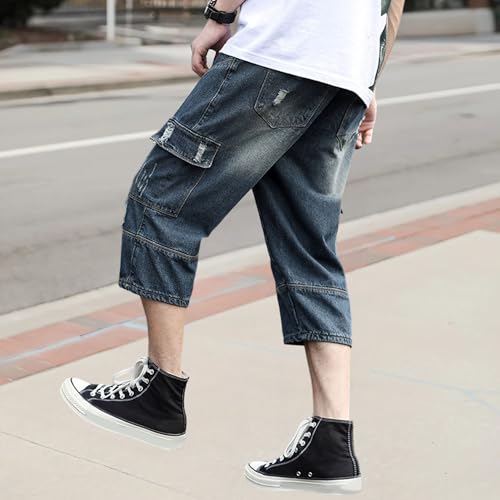 Short cargo 3/4 homme denim déchiré vieilli coupe baggy ample