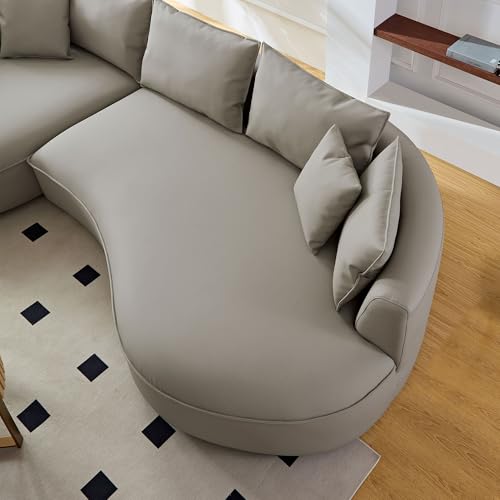 Image of KEIKI 129 inch Curved Oversized Modular Bonded Leather Sectional Sofa with Left Chaise, 4 Pillows, 3 Back Cushion, Modern Style Comfy 5-Seater Couch, Easy Assembly, for Apartment, Living Room, Light Grey