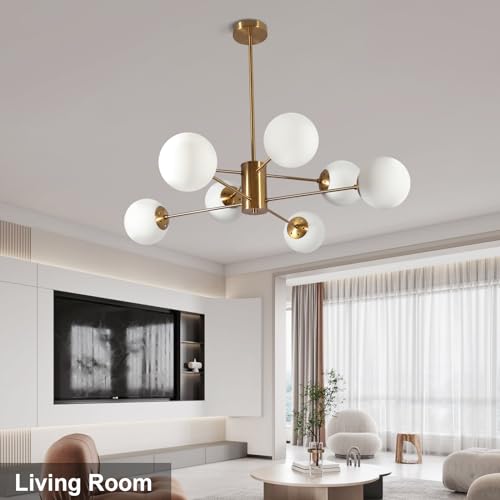 Bektas Chandelier Lighting,8-Light Mid Century Modern Chandelier Gold Chandelier for Dining Room Kitchen Living Room,Bubble Glass Pendant Light Fixtures(Gold+White) by Bektas - Image 6