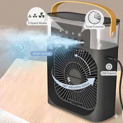 Image of DRUMSTONE Luxurious 5 Years Warranty Portable Rechargeable Air Cooler Fan with Mist Spray Instant Mini AC Cooling Powerful Airflow USB Charging Personal Desktop Cooler for Home Office Travel SummerUse