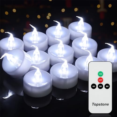 Image of Topstone Remote Controlled LED Tea Light,White Flickering Bulb,Long Lasting Battery Operated LED Votive Candle with Timer,Pack of 12