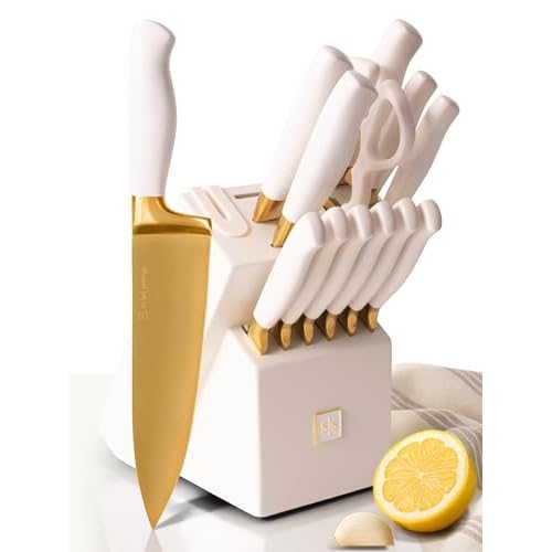 STYLED SETTINGS Gold Knife Set with Block Self Sharpening –14 Piece Gold and White Kitchen Knife Set with Built-In Sharpener, High Carbon Stainless Steel, Titanium Coated Blades, Luxury Kitchen