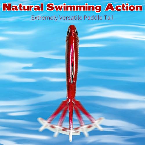 JORMIX 6Pcs Swim Baits for Bass Fishing,Easy Catching Lures Soft Plastic Walleye Fishing Lures,Fishing Gear for Bass Trout Crappie,Paddle Tail Swimbaits Fishing Soft Plastic Lure Kit Red - image 4