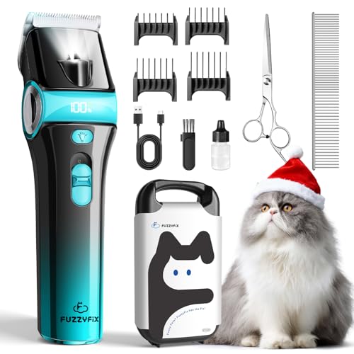 FuzzyFix Cat Clippers for Grooming with 5-in-1 Blade, Cat Grooming Kit Cordless Rechargeable Hair Trimmer Detachable Stainless Steel Blade Pet Shaver for Small Kitty Paw Face Head Body