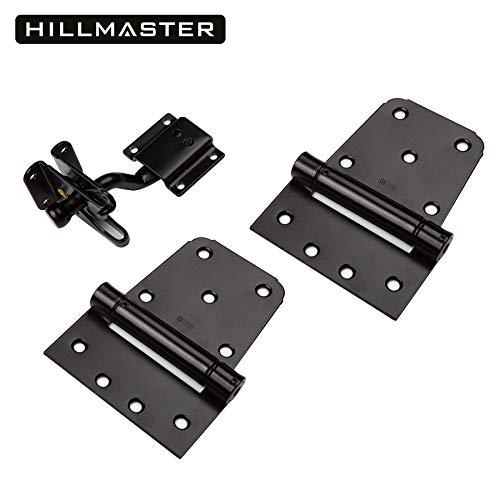 Hillmaster Heavy Duty Gate Latch Kit For Wooden Vinyl Fence, 1 Pack Self-Locking Gate Latch And 2 Pack 3.5” Spring Tee Hinges, Gate Fence Hardware Set, Black Finish #TOP3