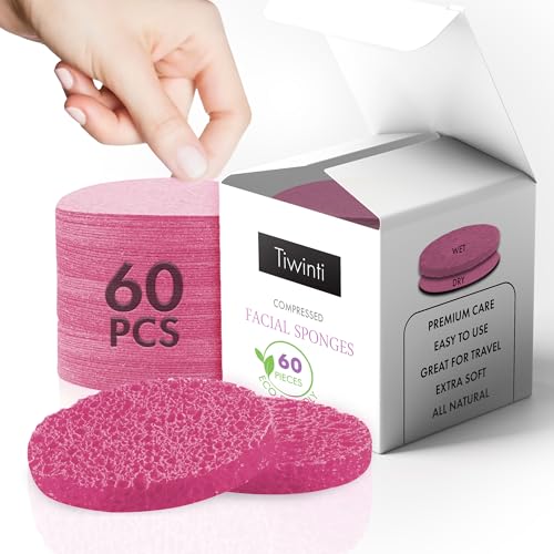 TiwinTi 60 Count Compressed Facial Sponges - Natural Wood Pulp Round Esthetician Face Sponges for Cleansing, Daily Face Washing, Exfoliating Makeup, and Mask Removal