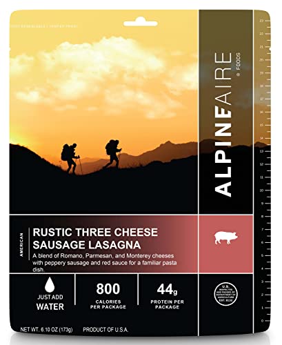 AlpineAire Foods Rustic Three Cheese Sausage Lasagna, Freeze-Dried/Dehydrated, Entrée Meal Pouch, Just add Water, Black
