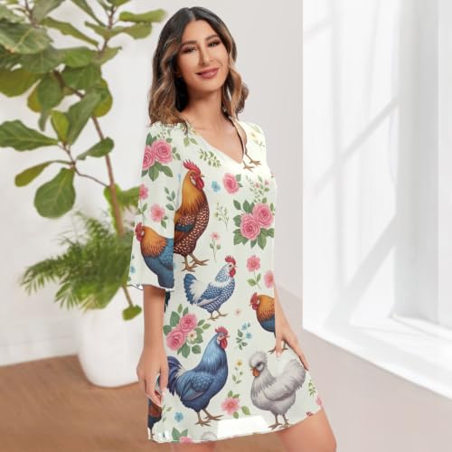 Robe en mousseline de soie pastel à manches 3/4 motif poulets - 3
