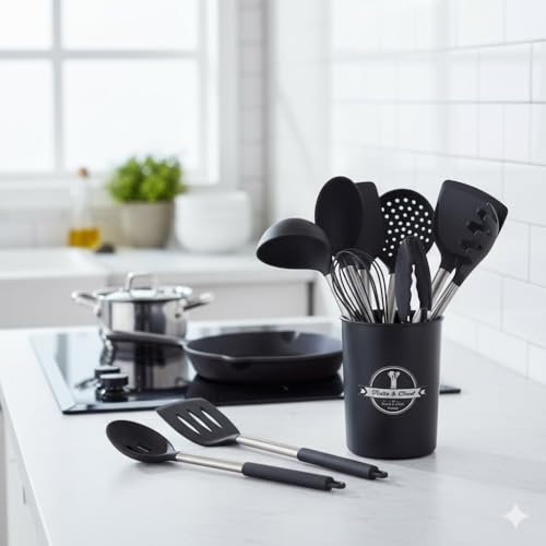 Kitchen Utensils Set with Holder – Includes Cooking Spoons Tongs & More – Heat Resistant, BPA-Free, Dishwasher Safe, Stainless Steel Handles – Kitchen Tools for Non-Stick Cookware 10 Piece and Holder - Image 3