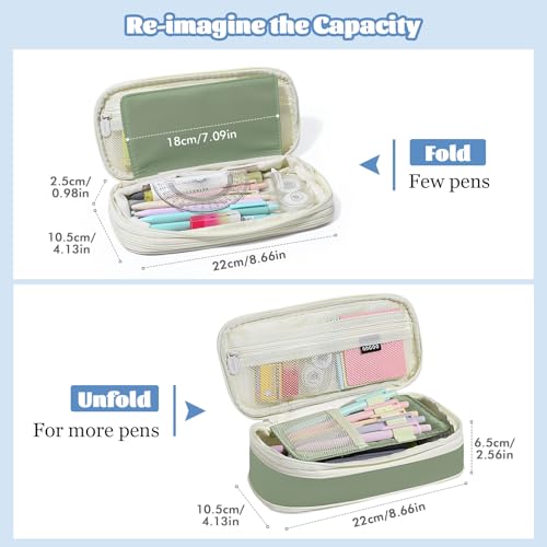 Image of MoKo Large Capacity Pencil Case, Aesthetic Pencil Pouch Bag with Zipper, Cute Pen Case Stationery Organizer Holder for Office /School Supplies, Back to School Gift, Green