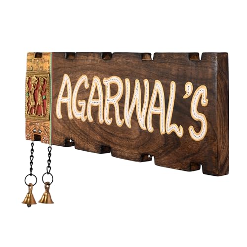 Image of Aakriti Art Creations Dhokra Doorway Handcrafted Dhokra Brass Art Solid Wood Nameplate for Home Entrance | Customised Name Plate for Home Entrance Outdoor | Wooden Name Plate for Home Entrance |