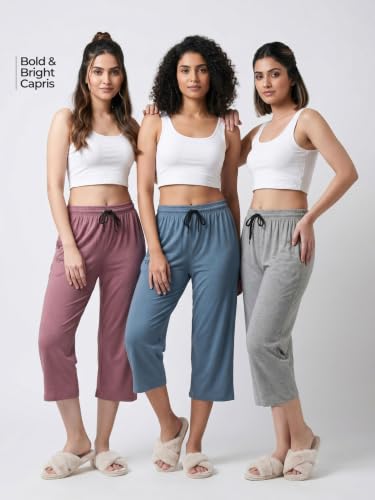 Image of Fflirtygo Women's Cotton Plain Calf Length Capri | Nightwear Pajama | 3 /4th Solid Pyjama Pant | Black Navy and Lavender Lounge Pants | Casual wear & Lounge Wear Capri Combo (Pack of 3)