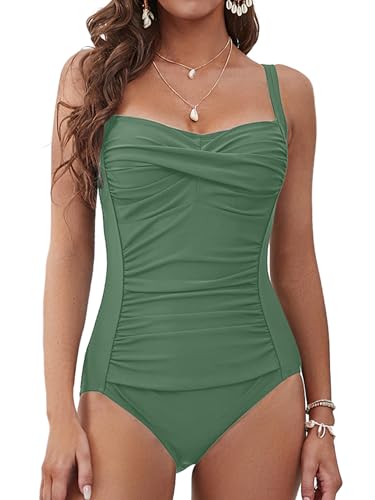 Women's Tummy Control Swimsuits Slimming One Piece Bathing Suit Retro Ruched Swimwear