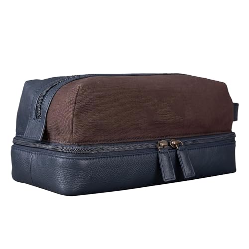 Image of Handcuffs Genuine Leather Canvas Toiletry Bag for Men, Shaving Kit Bag, Portable Travel Organizer, Pouch for Travelling - Navy Brown