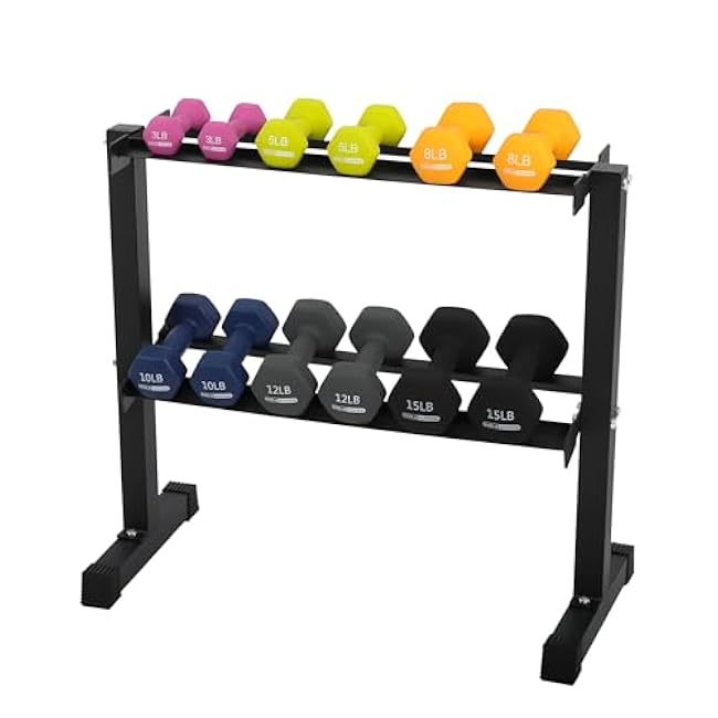 HolaHatha 3, 5, 8, 10, 12, and 15 Pound Neoprene Coated Grip Hexagon Non Slip Dumbbell Weights with Rack for Strength Training Workouts, Multicolor