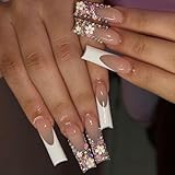 Long Press on Nails Coffin BAOYAALIN, White Fake Nails with 3D Flowers Rhinestones Design Gel Glue on Nails for Women Full Cover Acrylic Artificial False Stick on Nail for Wedding