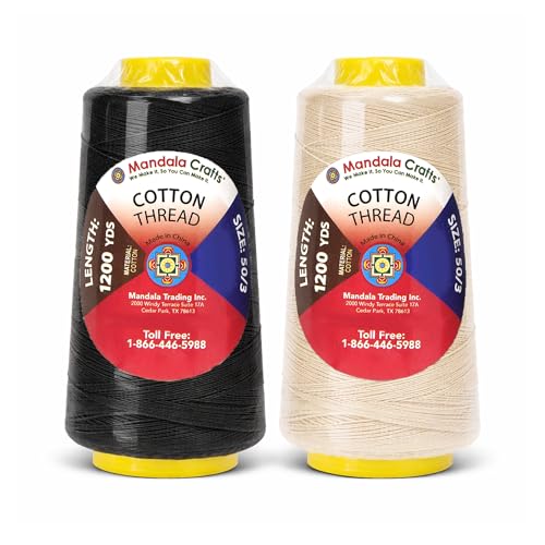 Image of Mandala Crafts Black Cream Mercerized Cotton Thread Cones, Sewing Quilting | 4800 Yds 50 WT, 100% Long Staple Cotton, Multipurpose, for Embroidery, Piecing, Sergers, Applique, Machine and Hand Sewing