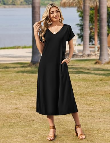 Image of Zeagoo Women Summer Floral Dress Short Sleeve Beach Dress with Pockets Casual V-Neck Split Long T-Shirt Dress Travel Vacation