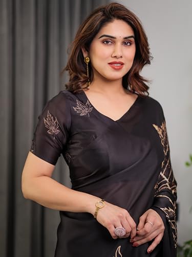 Image of ALMAARI FASHION Satin Georgette Floral Printed Saree with Blouse, 5.5 Meter Saree with 0.8 Meter Blouse, Traditional (SG 117 H)