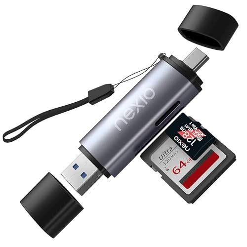 NEXIO USB 3.0 SD Card Reader, Dual Slots, 5 Gbps, Compatible with Apple & Windows, Supports microSDXC, microSD, SDXC, SDHC, SD Card, 64 GB Capacity