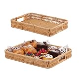Fvstar 2pcs Rectangular Serving Tray with Handles, Decorative Wicker Organizer Baskets Storage Tray for Coffee Table, Bread, Fruit, Snacks, Centerpiece Decor