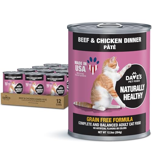 Dave's Pet Food Grain Free Wet Cat Food Pate (Beef & Chicken), Made in USA Naturally Healthy Canned, 12.5 oz Cans (12 Pack)