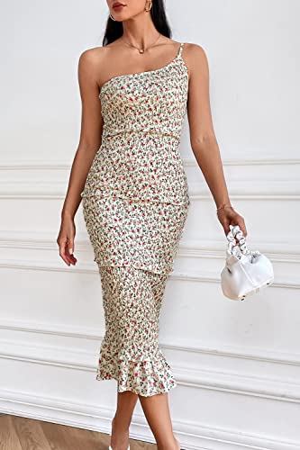 Image of PRETTYGARDEN Women's Summer Midi Bodycon Dresses One Shoulder Strappy Tiered Ruffle Floral Boho Sun Dress