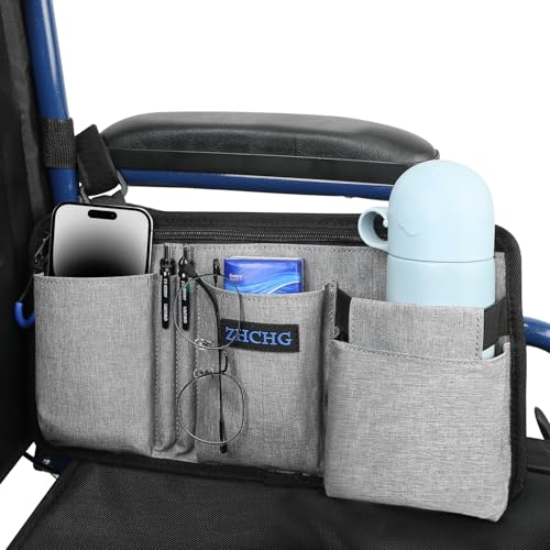 ZHCHG Wheelchair Side Bag with Cup Holder, Wheelchair Armrest Pouch Accessories for Walker, Rollator, Electric Scooter Wheelchairs, Ideal Gift for Mother's Day & Father's Day