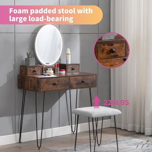 ijuicy Vanity Desk Set with Lighted Round Mirror, Makeup Vanity Table with 4 Storage Drawers, Makeup Dressing Table with Soft Cushioned Stool for Bedroom/Living Room (Retro Brown/White)