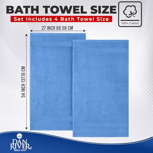 Image of DAN RIVER Bath Towels Set of 4, 27 x 54 Inches, 100% Cotton, Larger & Lighter Weight, Quicker to Dry, Super Soft and Absorbent, Ideal Cotton Towels for Bathroom for Daily Use, Medium Blue
