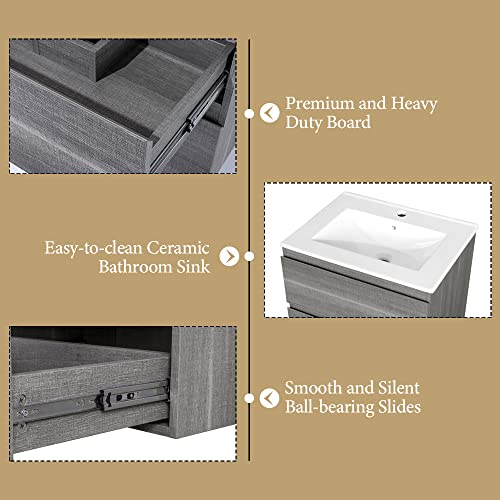 Kswin 24" Wall Mounted Bathroom Vanity With Sink Grey Floating Vanity Two Drawers Bathroom Cabinet With White Ceramic Integrated Sink #TOP1