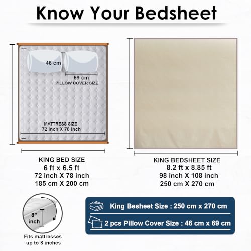 Image of Story@Home Linen King Size Bedsheet Cotton Textured Flat Sheet with 2 Pillow Covers Super Soft Bed Sheet for King Size Bed | 300 TC Solid Pattern | 250 x 270 cm | Beige