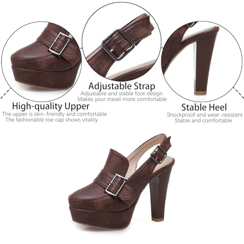 Women's Leather Platform Slingback High Heels Pumps with Adjust Ankle Strap Fashion Comfort Closed Pointed Toe Increase Height Chunky Heel Sandals for Work Office Party Dress Shoes3