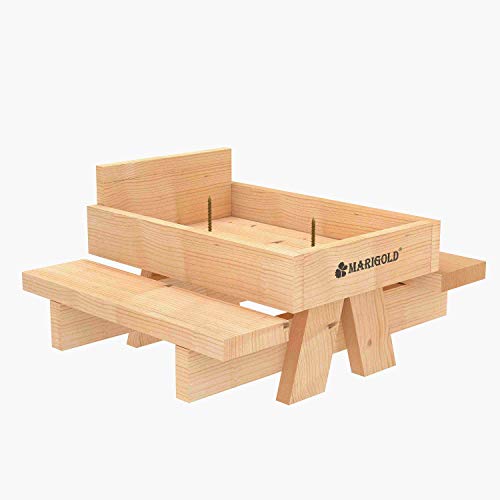 MARIGOLD Cedar Chipmunk Squirrel Feeder - Outdoor Squirrel Picnic Table Feeder with Apple or Corn Cob Holder, Squirrel Food Bench Feeding, Squirrel Munch Box Feeder Installed on Fence or Tree