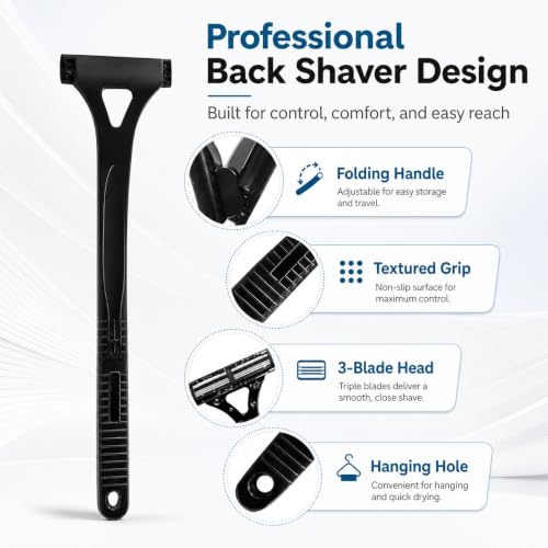 Back Shaver for Men with Foldable Long Handle, Back Hair Trimmer & Body Razor, Portable Ergonomic Groomer, Wet & Dry Use, Stainless Steel Back Hair Removal Tool with 8 Replaceable Safety Blades