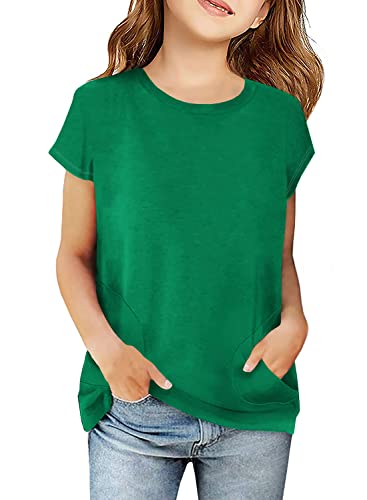 Haloumoning Girls Casual Short Sleeve T Shirts Color Block Tee Blouse Kids Loose Tunic Tops With Pockets Size 4-15 B-Green #TOP5