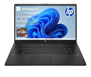 HP Laptop mit 17, 3" FHD Display, AMD Ryzen 5 7520U, 8GB DDR5 RAM, 512 GB SSD, AMD Radeon-Grafik, Windows 11, QWERTZ, Schwarz inkl. 25 GB Dropbox-Speicher für 12 Monate