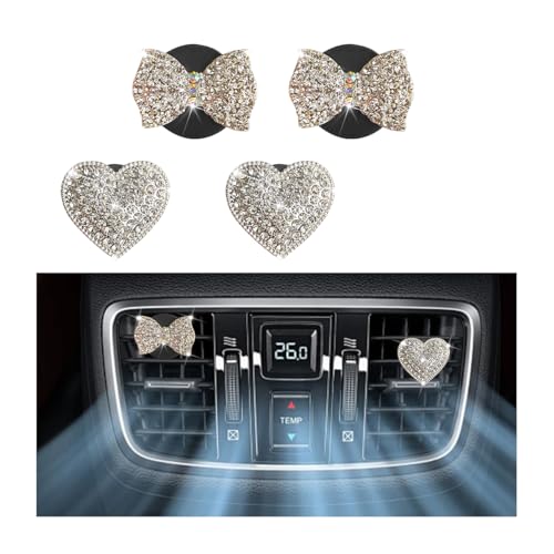Ywdiml 4PCS Bling Bow Tie Heart Car Air Vent Clips, Shiny Crystal Rhinestone Air Conditioning Outlet Clamp, Cute Diamond Auto Vent Decoration Clip for Women Girls, Universal Fit (Silver)