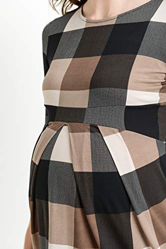 Laclef Women's Round Neck 3/4 Sleeve Front Pleat Peplum Maternity Top, Brown Plaid, Large #TOP5
