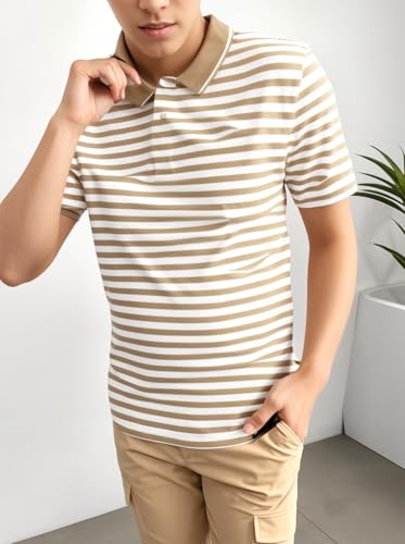 Image of Mack Jonney Men's Striped Cotton Rich Collar Neck T Shirt | Collar Tshirts | Half Sleeves | Striped-Regular Fit-MM485-nw