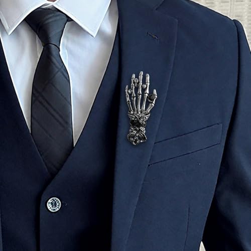 Image of Gothic Halloween Skull Hand Brooch Pin for Women Men Punk Vintage Crystal Skeleton Tassel Chain Lapel Pins Dark Skull Brooches Sweater Suit Accessory