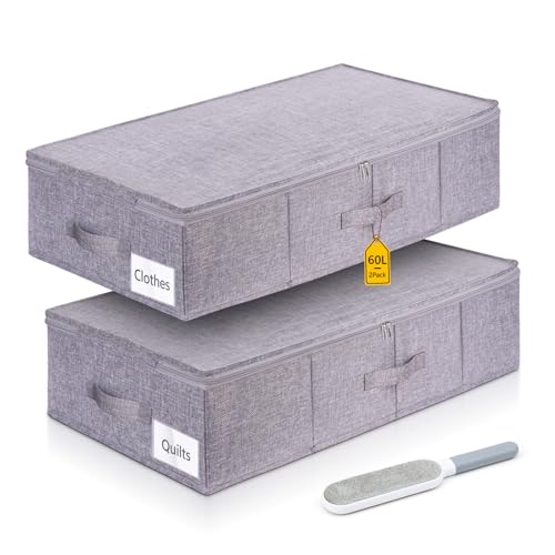 2Pack Under Bed Storage Box with Lid, 60L Large Underbed Storage, Foldable Reinforced Fabric Design Clothes Storage Bags with Zips & Handle, Come with Lint Brush