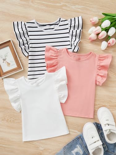 OYOANGLE Girl's 3Pcs Knitted Short Sleeve Solid Crop Top Crew Neck Ruffle Lettuce Trim Crop Tee Top Print Girl Clothes4